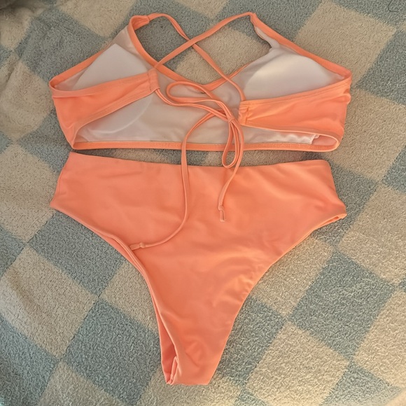 Coral High Waisted Bikini Peach Swimsuit SHEIN Tie Up Cheeky Bathing Suit - Picture 2 of 2
